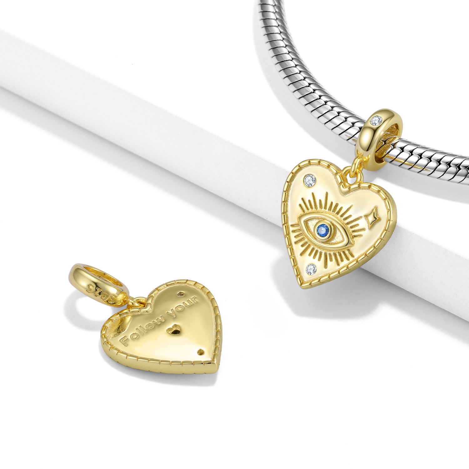 Heart-Shaped Evil Eye Charm S925 Sterling Silver Gold-Plated Dangle for DIY Bracelet and Necklace — view 2
