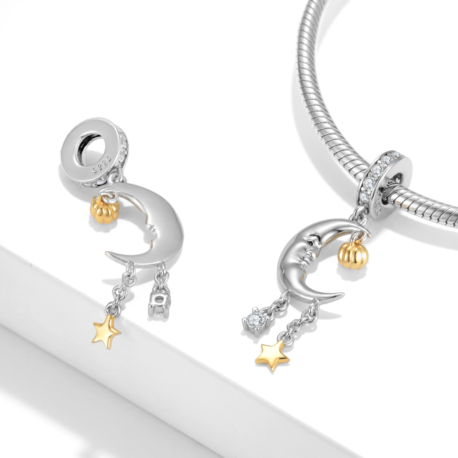 Moon with Pumpkin Halloween Charm Bead S925 Sterling Silver Crescent Moon with Dangling Pumpkin Star and Crystal for Bracelet — view 3