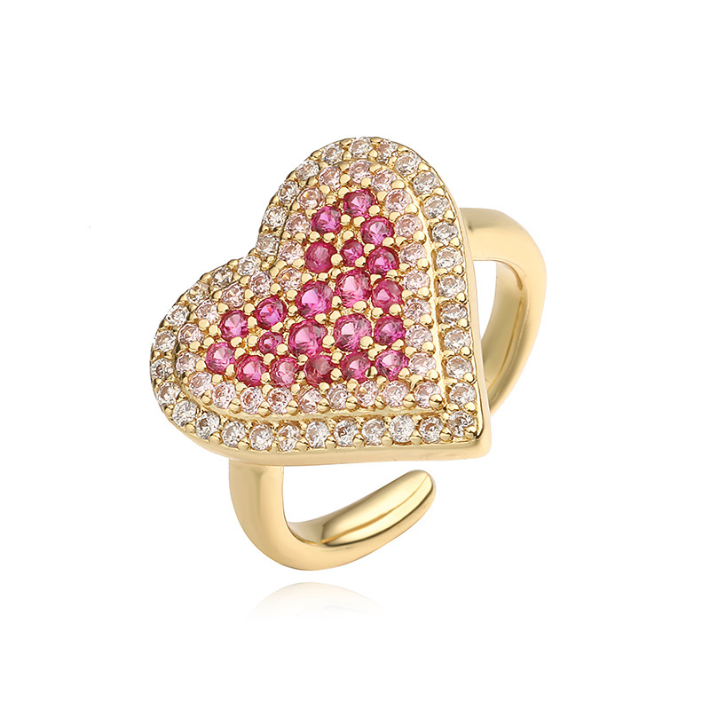 Fashion Luxury Copper Inlaid Colored Diamond Heart-Shaped Ring - Niche High-End Adjustable Jewelry — Gold-Pink
