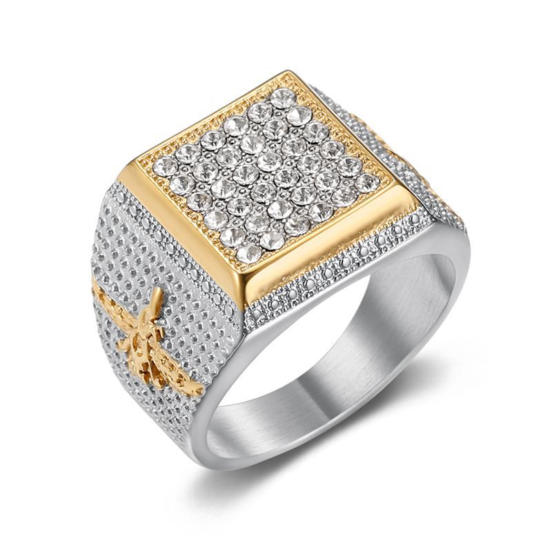 Steel Gold-Accent Rhinestone Zoroastrian Square Signet Ring