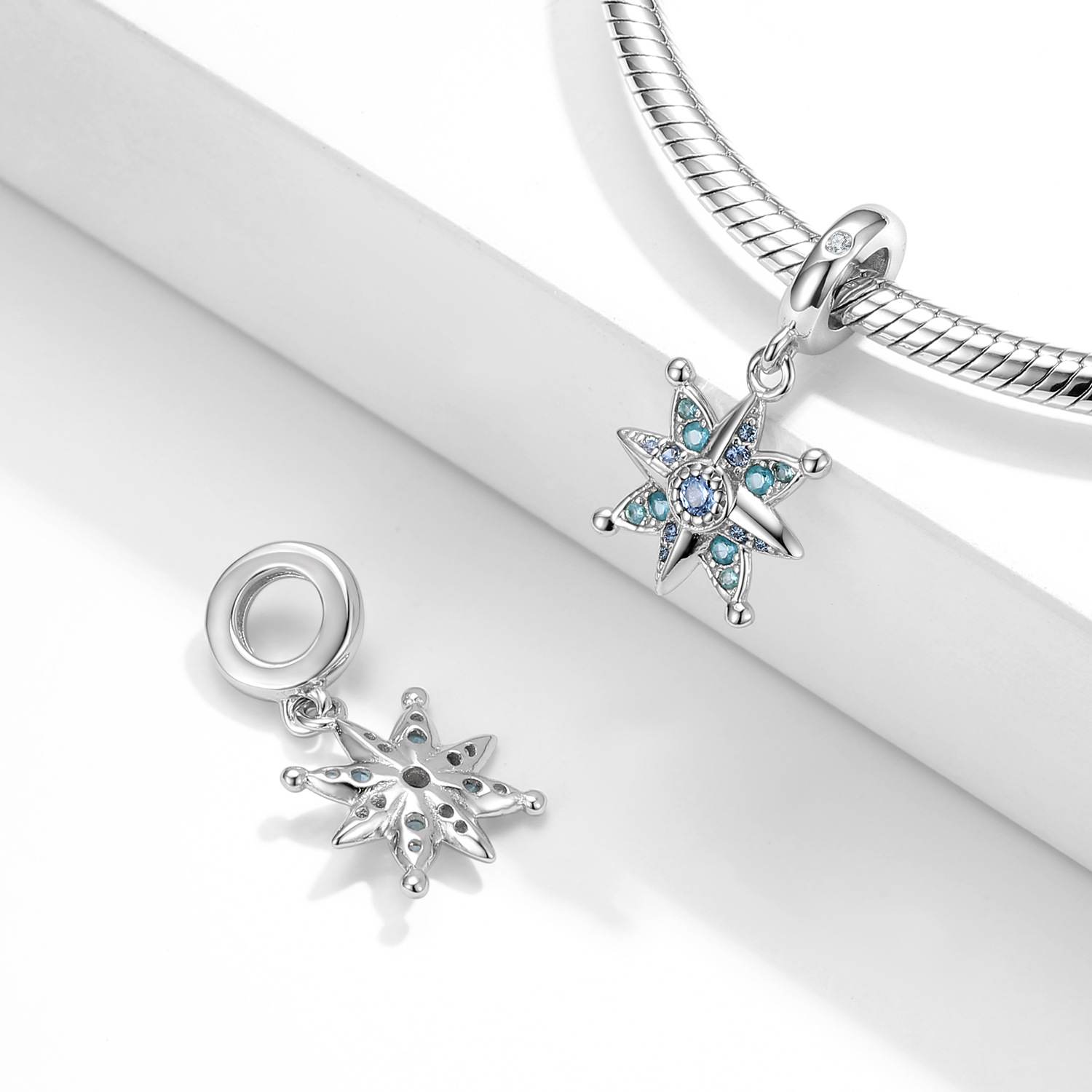 Eight-Pointed Star Charm - 925 Sterling Silver Blue Zircon Pendant — view 3