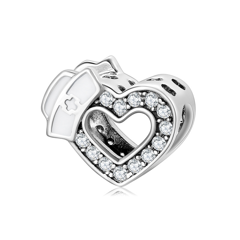 S925 Sterling Silver Heart Nurse Cap Charm Pave Zircon Big Hole Bead for DIY Bracelet — Charms | MAOLE Fine Jewelry