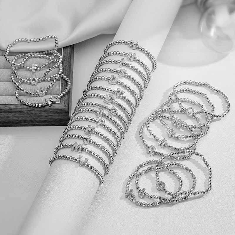 Copper-Inlaid Full Zirconia 26-Letter Alphabet Bead Elastic Bracelet - Silver Tone Niche Design Letter Round Bead Jewelry