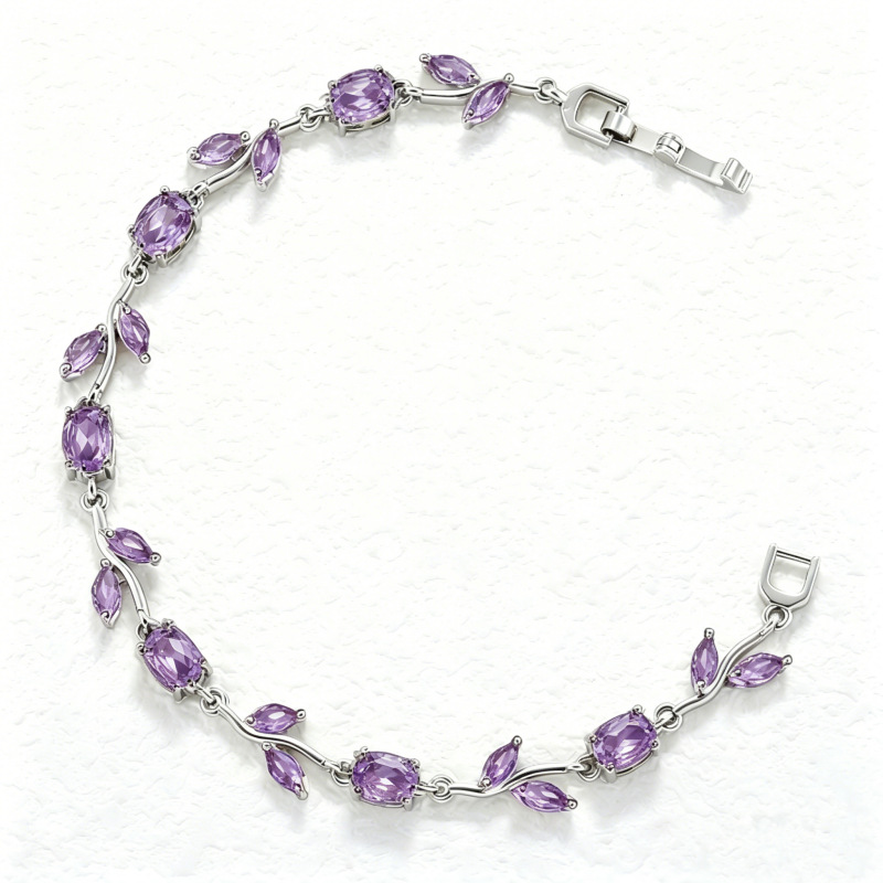 Elegant Versatile Copper-Inlaid Purple Crystal Leaf and Petal Bracelet, Fashion Luxury Tulip Layering Jewelry