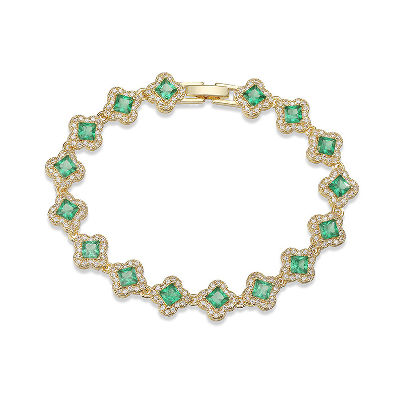 Copper Inlaid Colorful Zirconia Four-Leaf Clover Flower Petal Stackable Bracelet for Women - Luxury Sparkling Floral Bangle 12