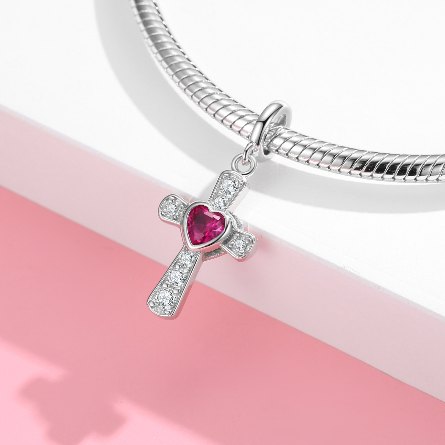 Heart Cross Pendant Charm - 925 Sterling Silver with Zircon — view 3