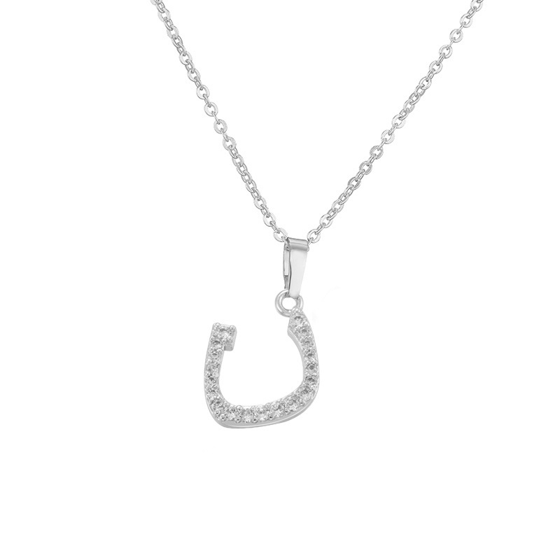 Copper Inlaid Zircon Arabic Letter Pendant Necklace Personalized Hip-Hop Letter Chain Silver Tone 7