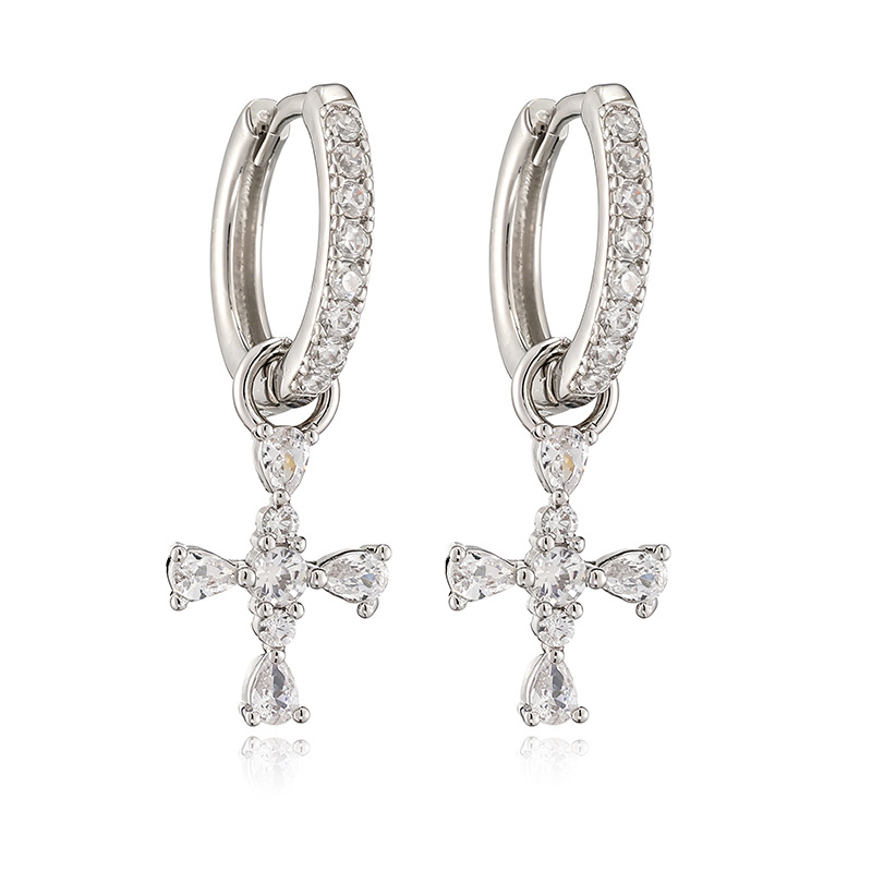 Copper Gold-Plated Colorful Zircon Cross Huggie Hoop Earrings Trendy Hip-Hop Style Cross Dangle Charms — Silver-tone with Clear Cross