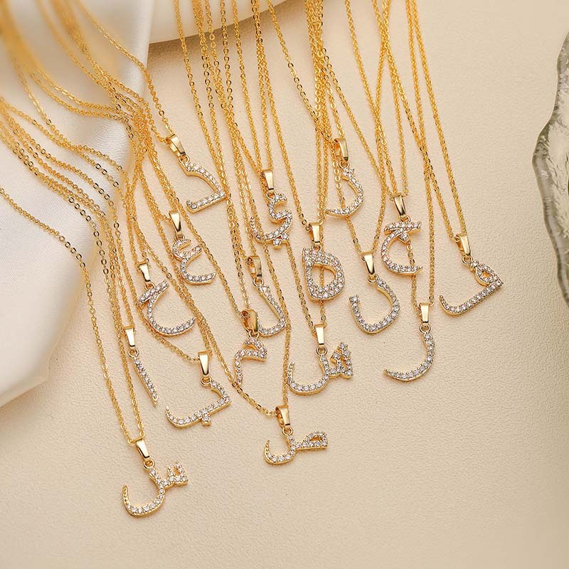 Copper Inlaid Zircon Arabic Letter Pendant Necklace Personalized Hip-Hop Letter Chain