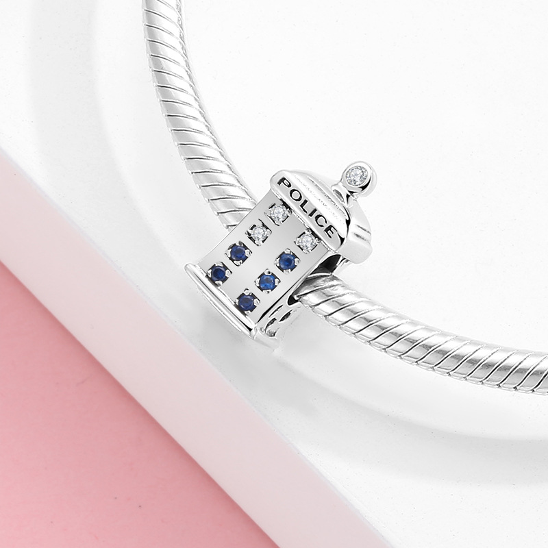 Police Box Charm - 925 Sterling Silver Cubic Zirconia Pendant 2