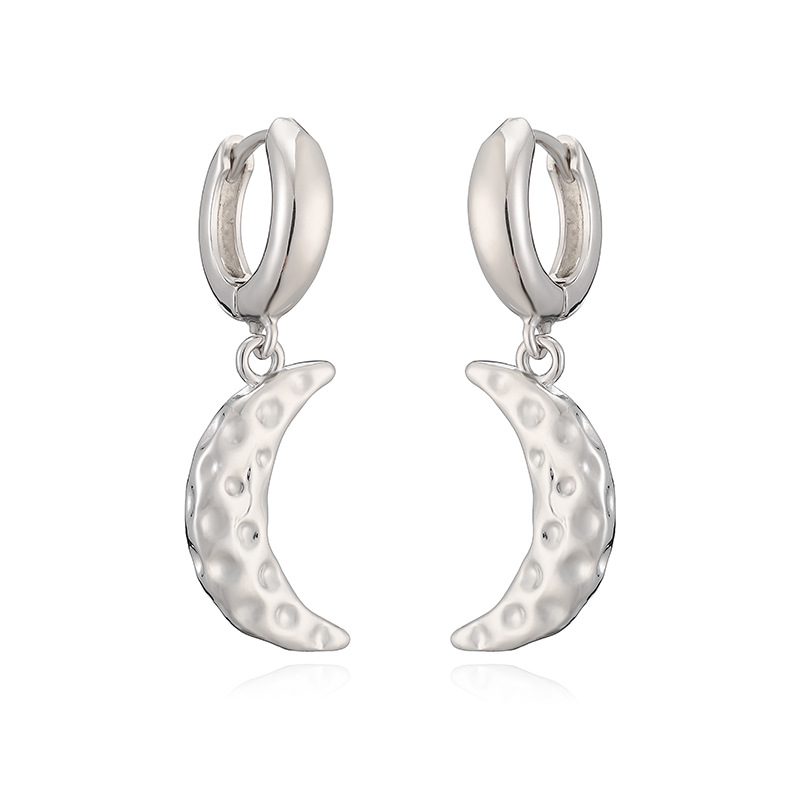 French Retro Copper Silver-Tone Crescent Moon Drop Hoop Earrings