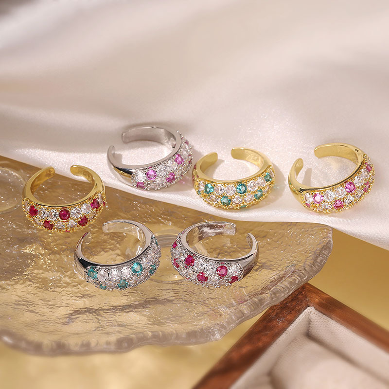 Copper Inlaid Colorful Diamond Circular Open Adjustable Ring Niche High-End Pave-Set Ring — All Colors
