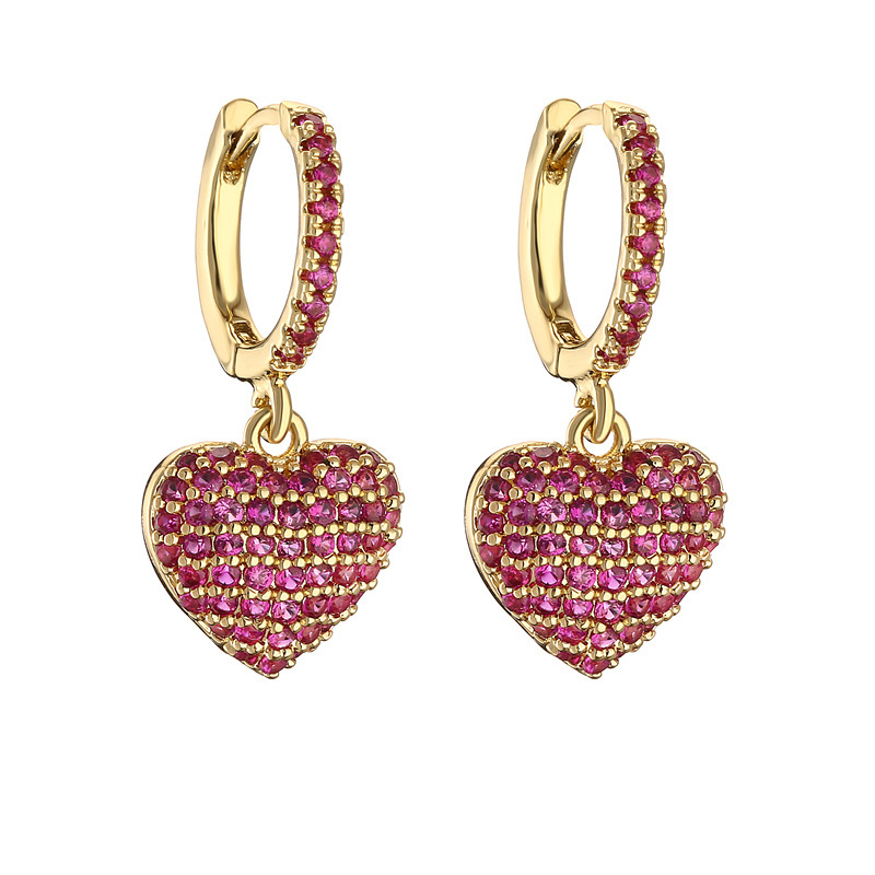 French-Style Light Luxury Colorful Zircon Heart Huggie Hoop Earrings with Pavé Heart Dangle Charms — Hot Pink/Fuchsia