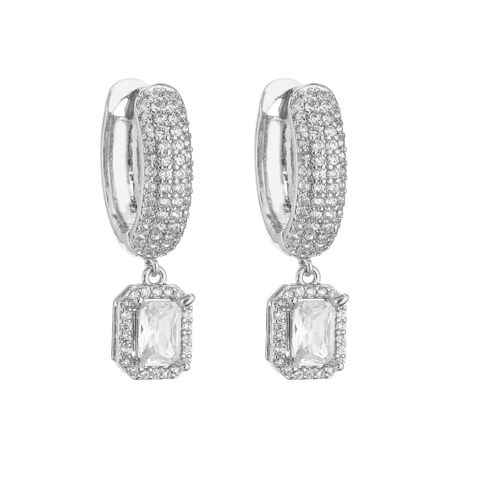 Full Drill Square Sugar Earrings - Copper 18K Gold Plated Super Sparkling Pink Diamond Small Square Dangle Ear Clips (Silver Clear)