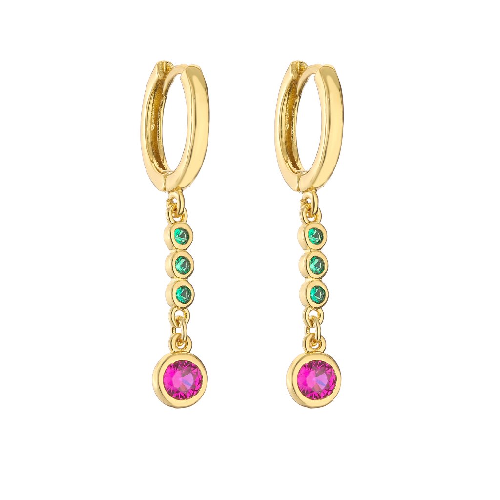 18K Gold Plated Copper Round Huggie Hoop Earrings with Colorful Zircon Dot Chain Dangle Charms — Long - Green Chain with Magenta End