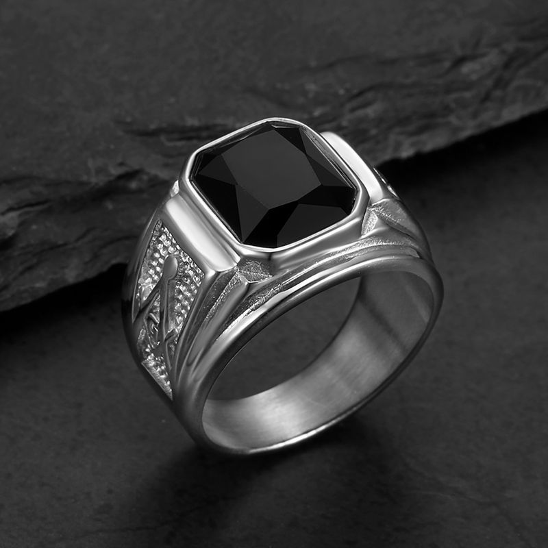 Classic Vintage Masonic Black Glass Signet Ring — Silver
