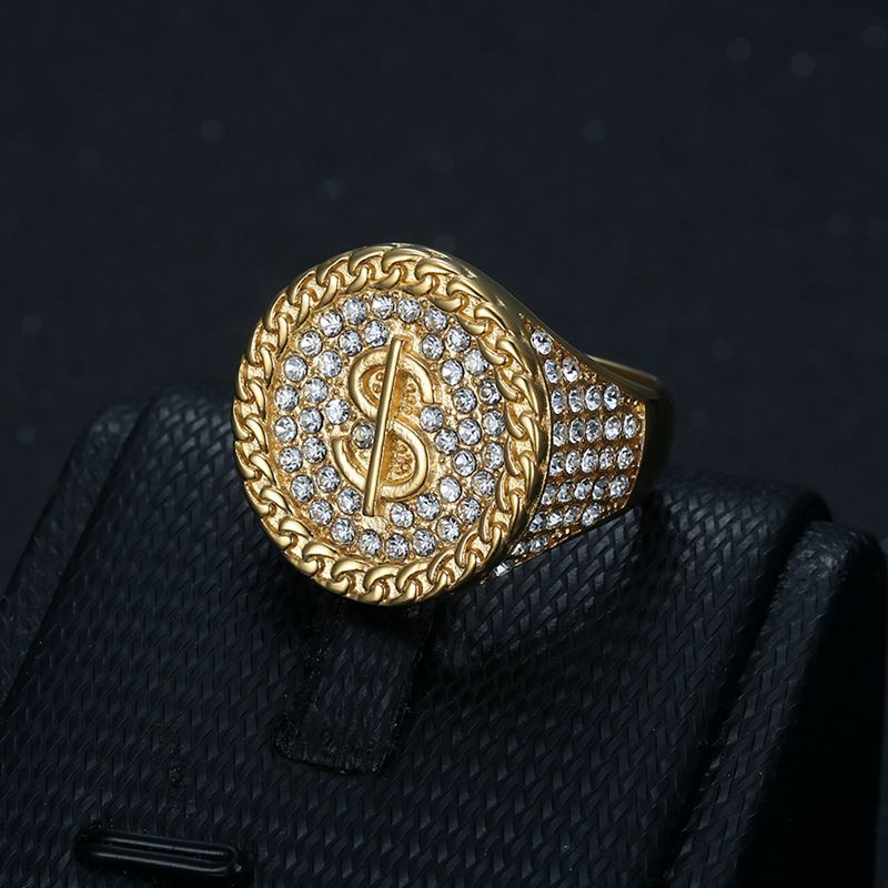 Gold-Plated Circular Dollar Sign Rhinestone Signet Ring 2