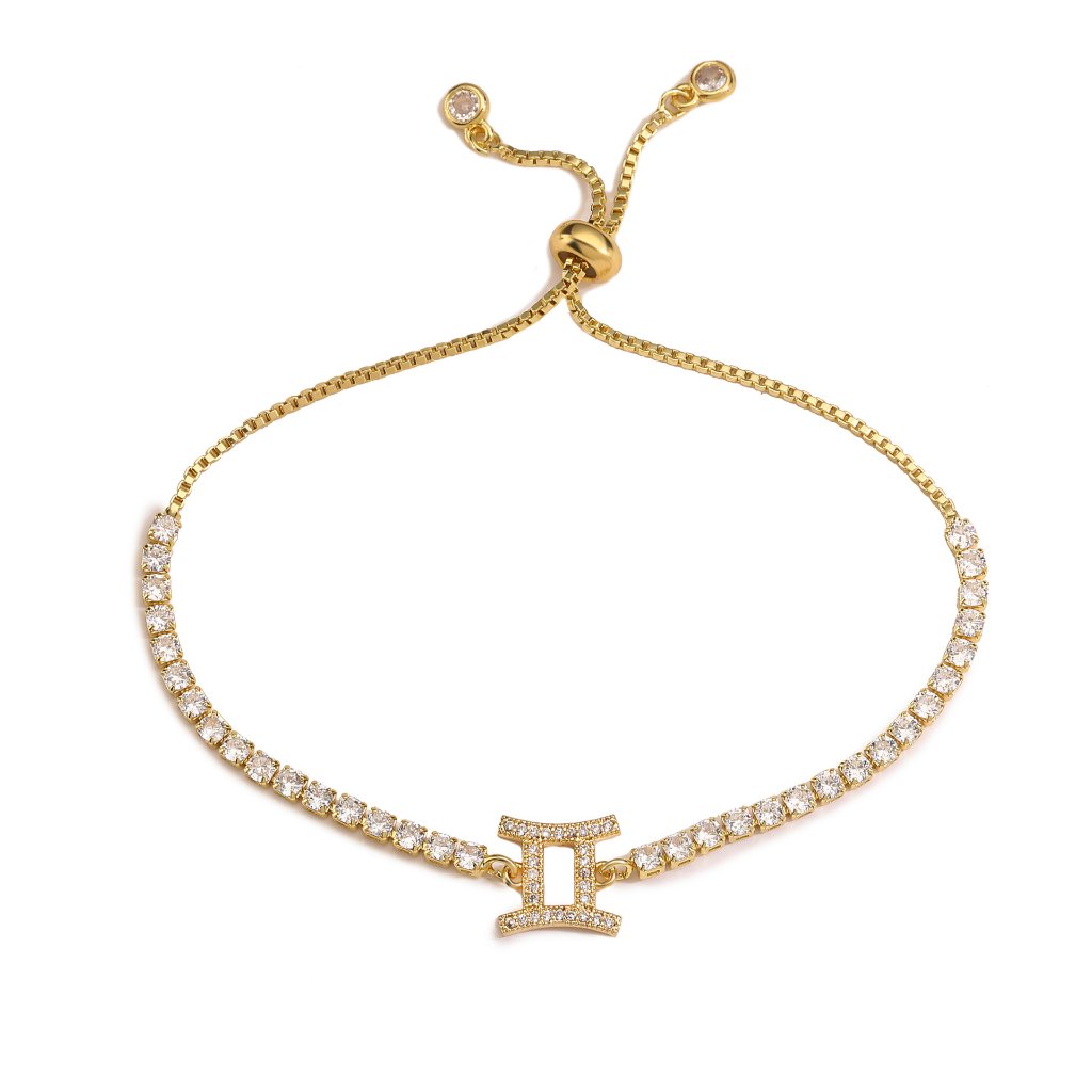 Zodiac Sign Adjustable Tennis Bracelet - Zirconia Constellation Charm Bolo Bracelet — Gold - Leo