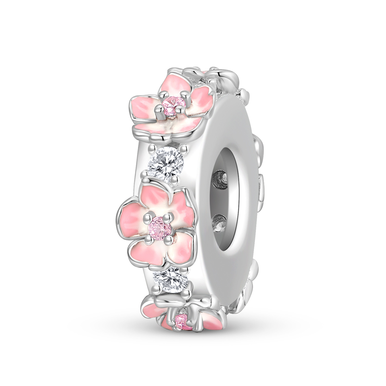 Sweet Cherry Blossom Spacer Charm S925 Sterling Silver Enamel Dangle for DIY Bracelet — Charms | MAOLE Fine Jewelry