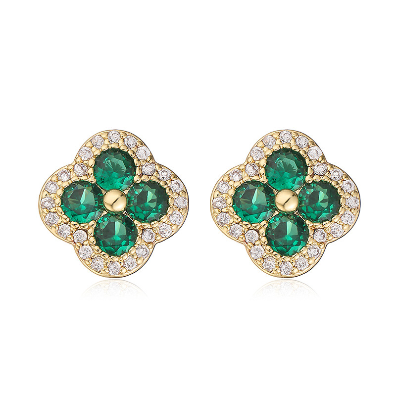 Copper Inlaid Color Stone Stud Earrings - Clover Flower (Gold, Green)