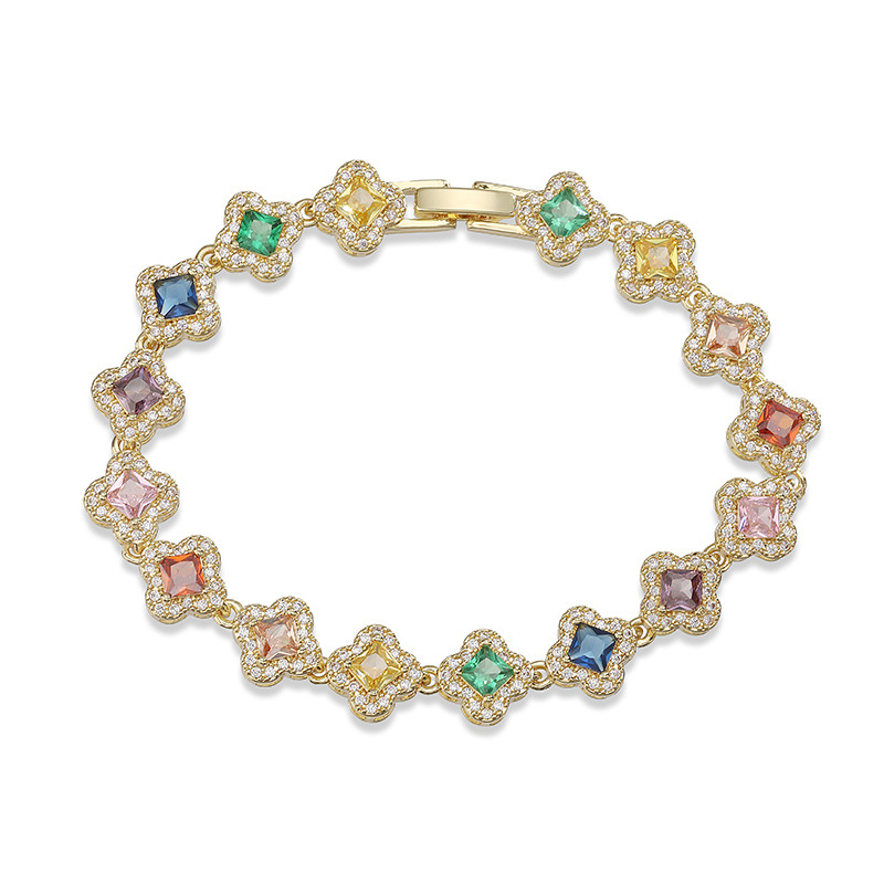 Copper Inlaid Colorful Zirconia Four-Leaf Clover Flower Petal Stackable Bracelet for Women - Luxury Sparkling Floral Bangle 21
