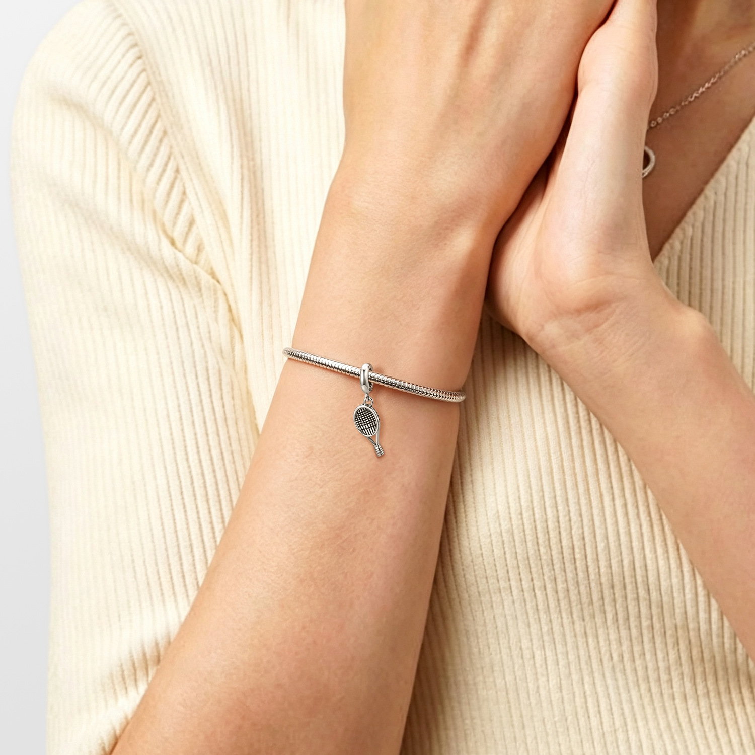 S925 Sterling Silver Tennis Racket Charm - Bracelet Pendant — view 3
