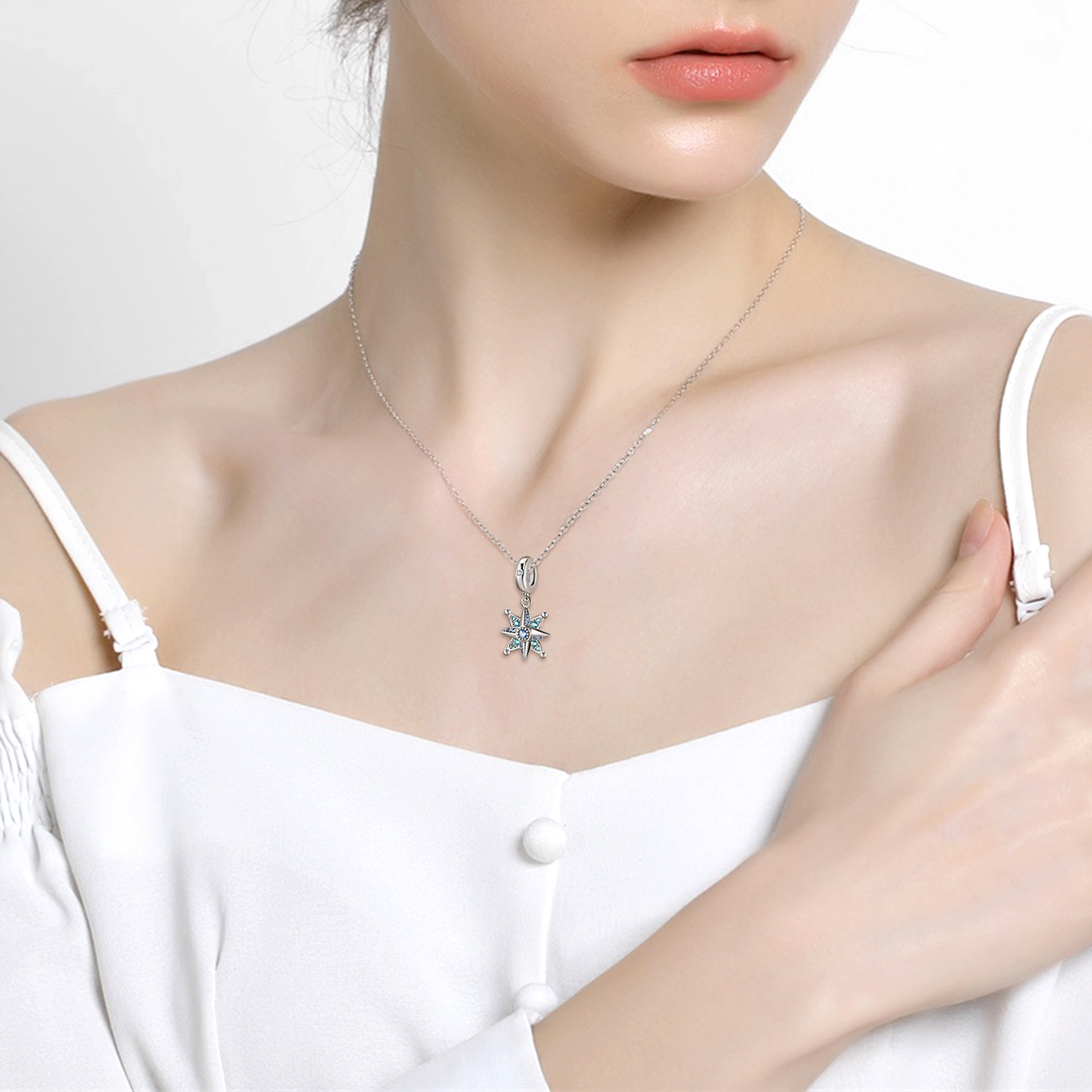 Eight-Pointed Star Charm - 925 Sterling Silver Blue Zircon Pendant — view 2