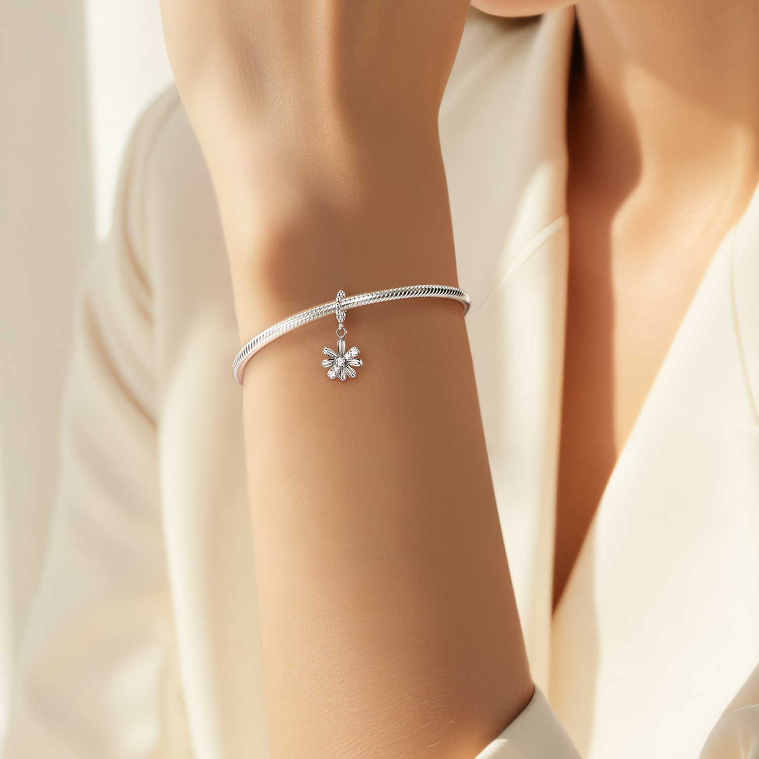 White Daisy Charm Bead S925 Sterling Silver Floral Pendant with CZ Accents for Bracelet 4