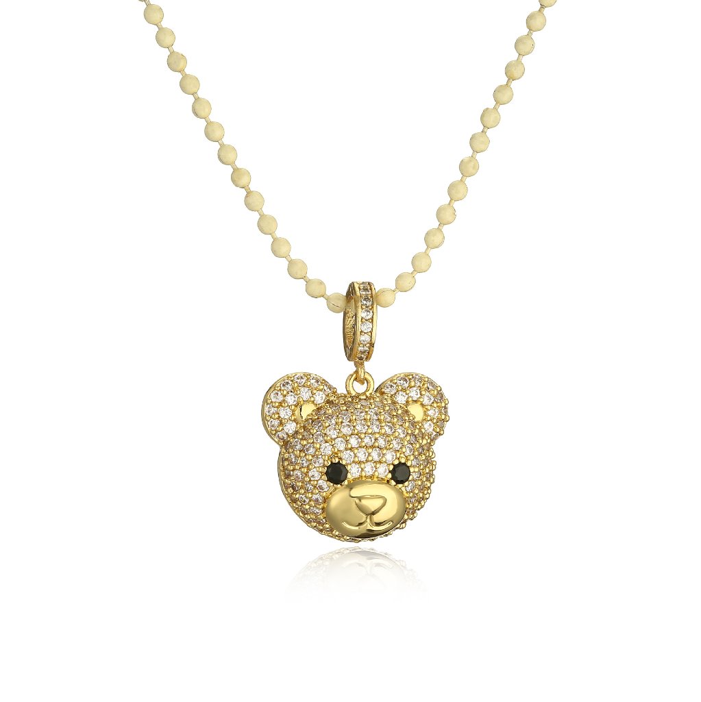 Cute Bear Pendant Necklace - Gold Clear Bead Chain