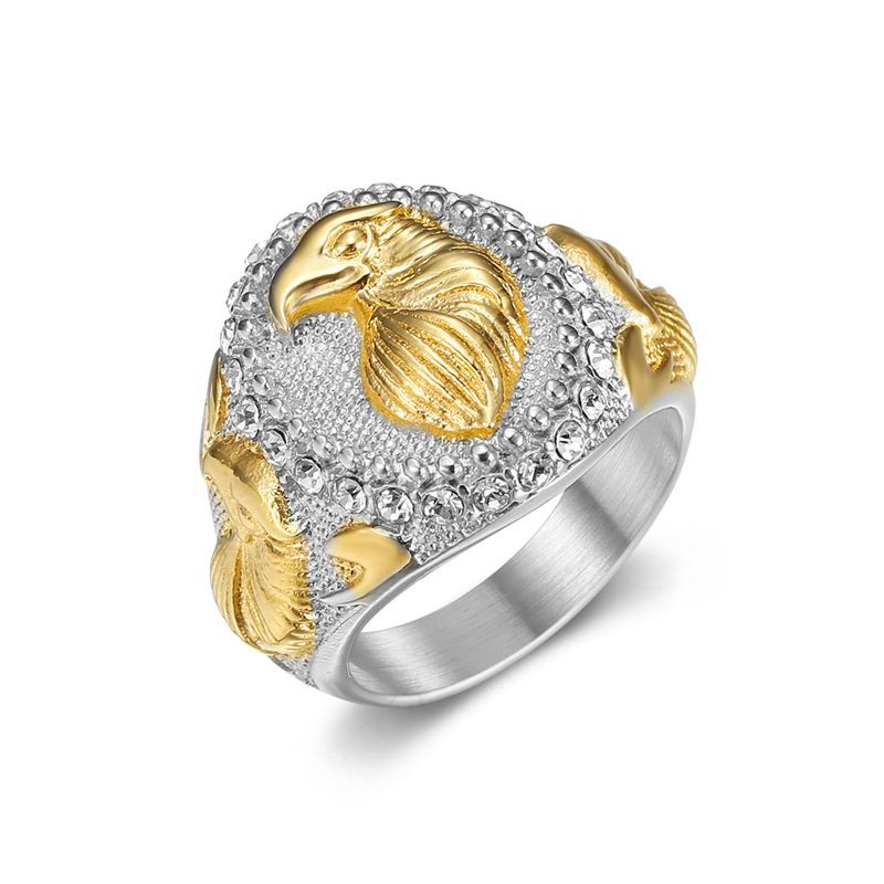 New European and American Animal Hip-Hop Titanium Ring with Gold Plated Diamonds and Twin Color Eagle Design for Men — Silver
