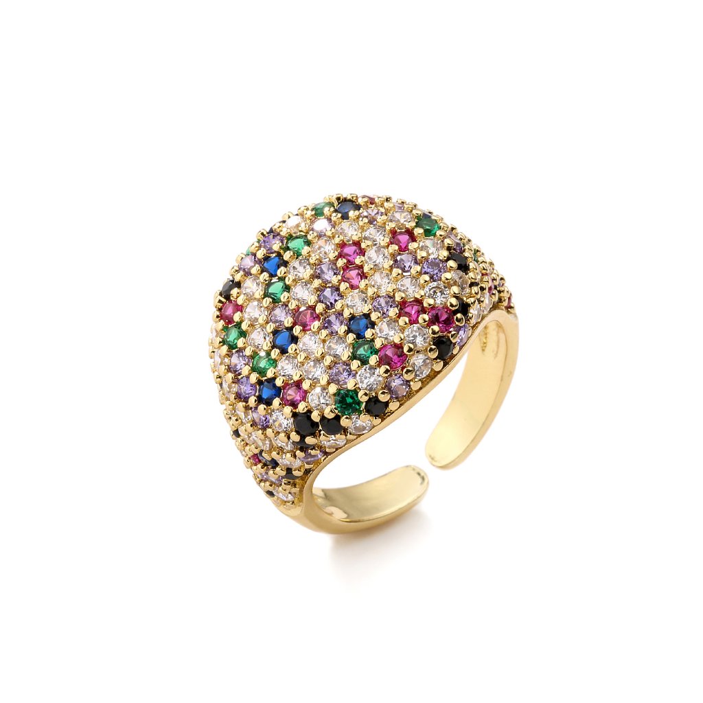 Full-Diamond Circular Open Geometric Zirconia Ring 18K Real Gold Plating Adjustable Women's Ring — Multi-Color/Gold