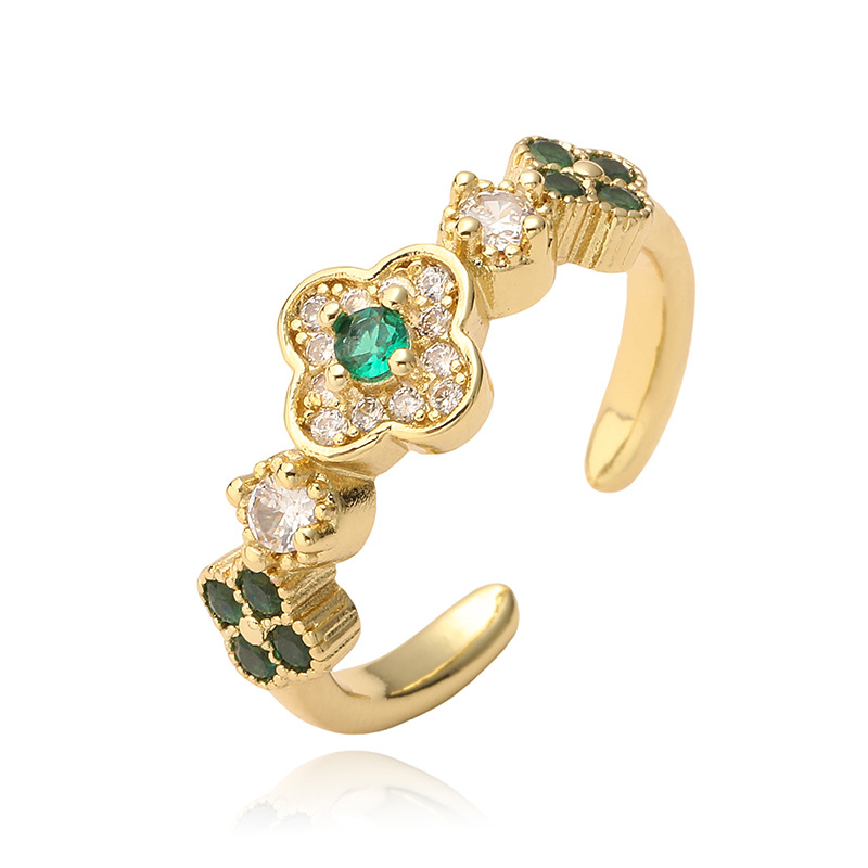 Copper Inlaid Multi-Color Zirconia Flower Ring for Women - Adjustable Open Ring — Green