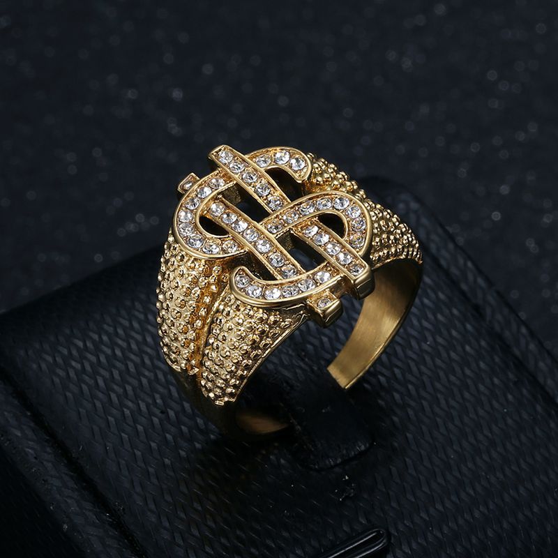 Gold-Plated Rhinestone Dollar Sign Signet Ring — view 3