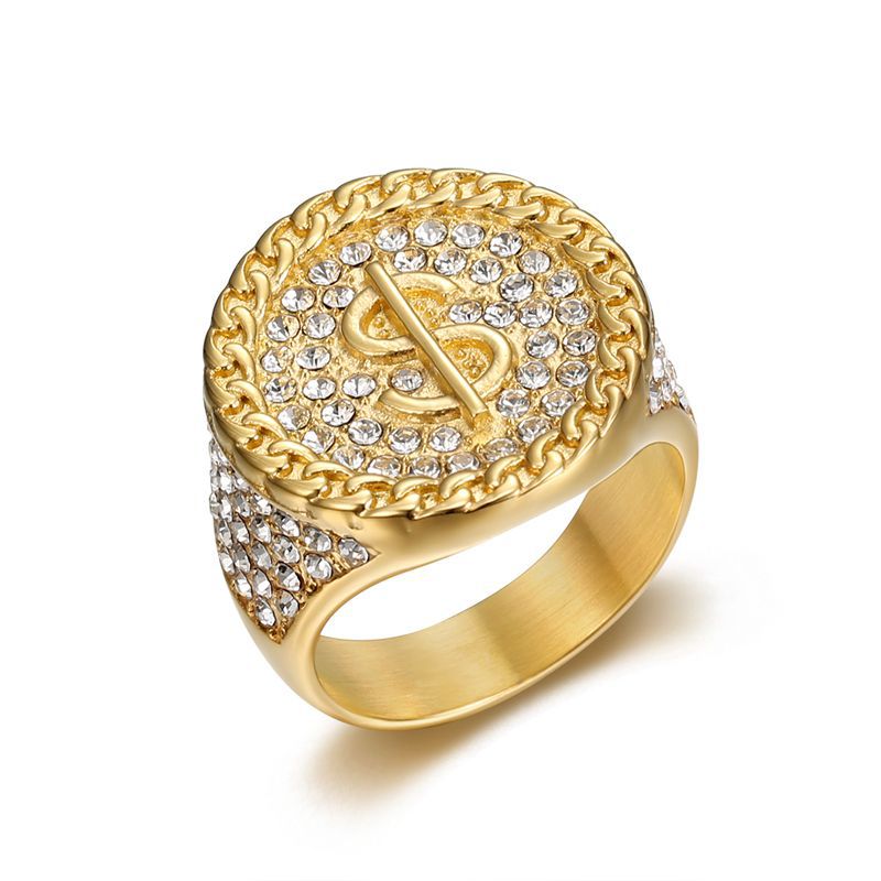 Gold-Plated Circular Dollar Sign Rhinestone Signet Ring