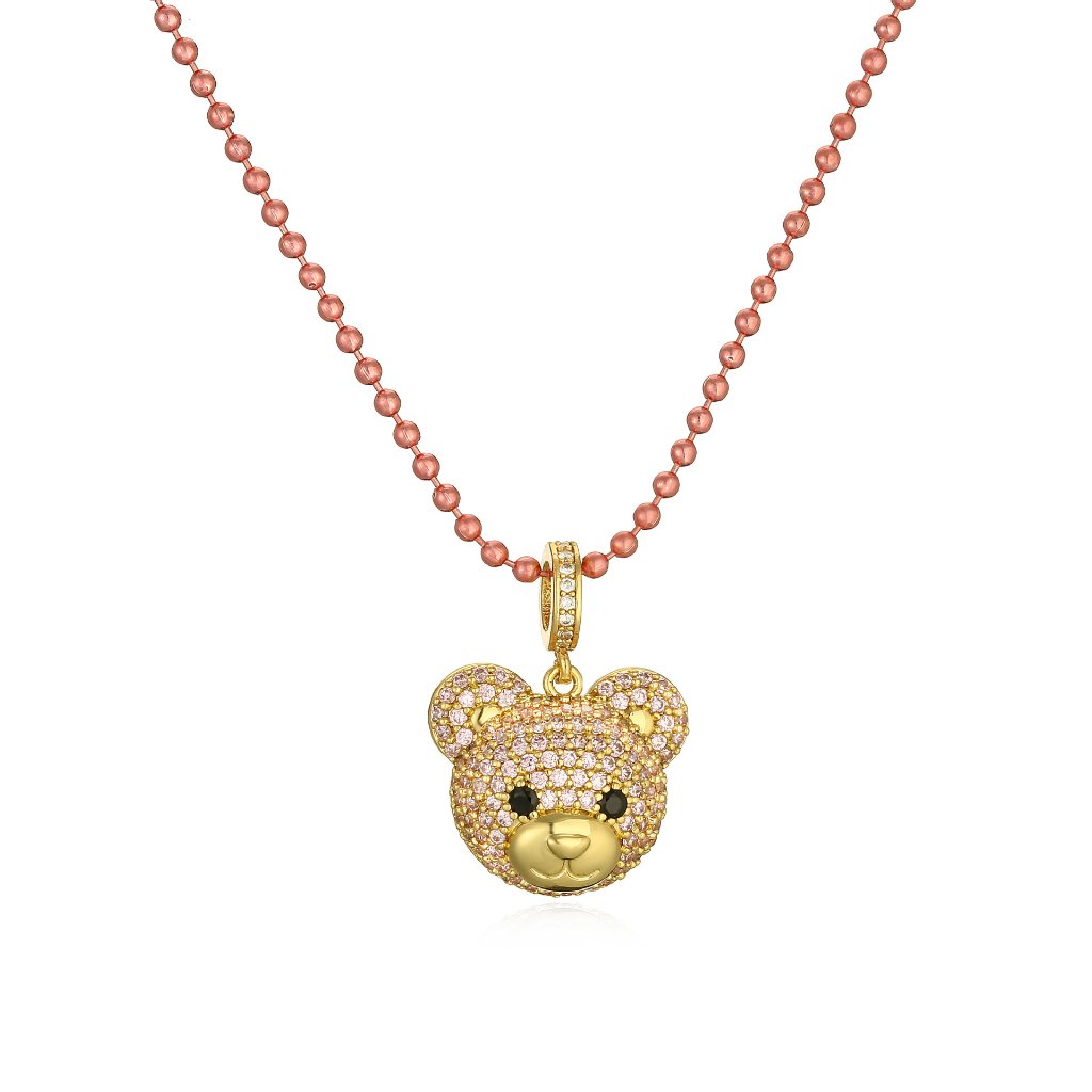 Cute Bear Pendant Necklace - Pink Rose Gold Bead Chain