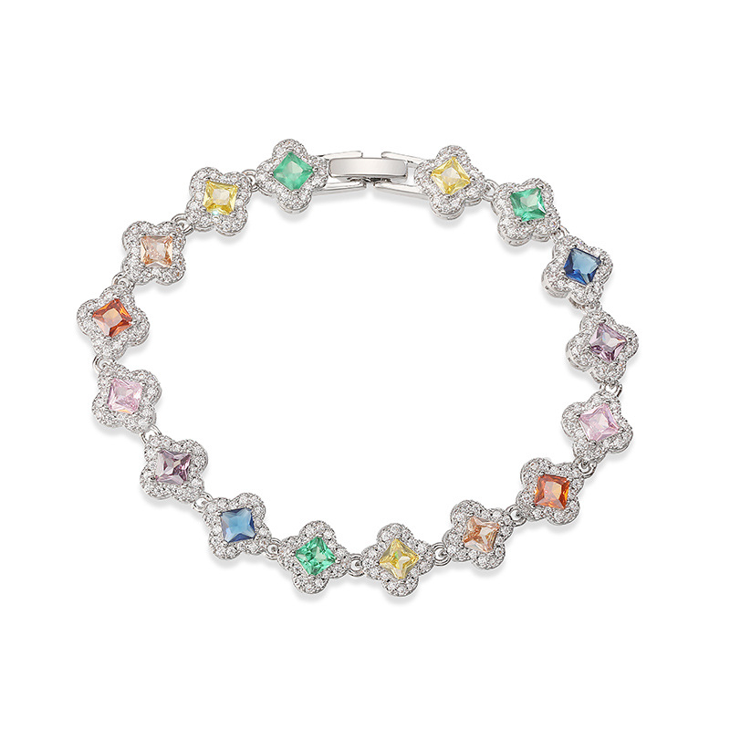 Copper Inlaid Colorful Zirconia Four-Leaf Clover Flower Petal Stackable Bracelet for Women - Luxury Sparkling Floral Bangle 27