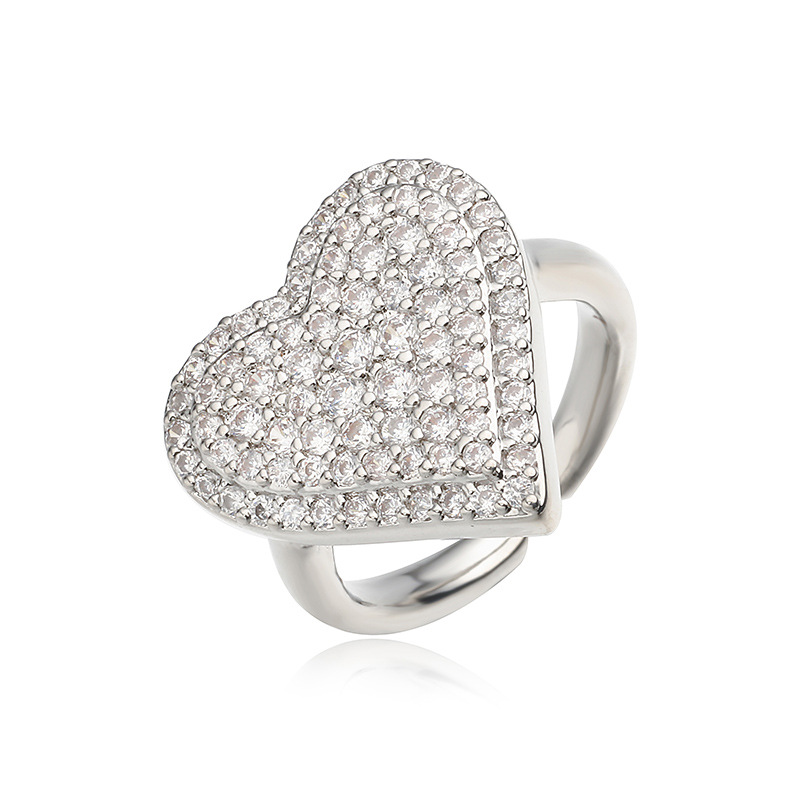 Fashion Luxury Copper Inlaid Colored Diamond Heart-Shaped Ring - Niche High-End Adjustable Jewelry — Silver-White