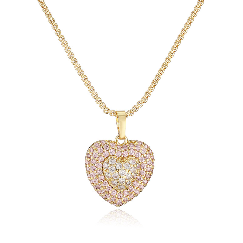 Exquisite Light Luxury Copper Inlaid Colorful Zircon Double-Layer Heart Pendant Necklace Super Sparkly Heart Dangle Charm Chain — Gold-tone with Light Pink Heart