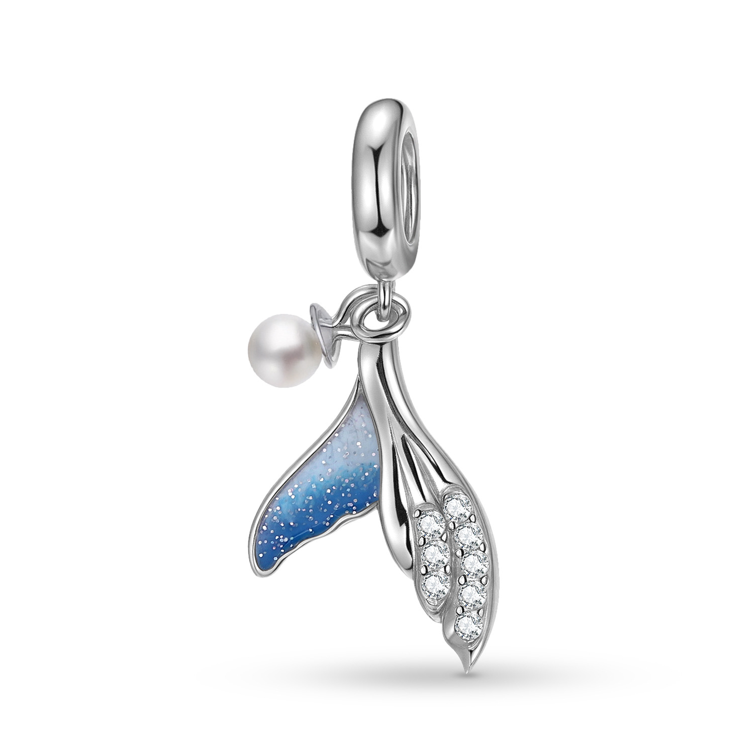 Mermaid Tail Charm with Pearl - 925 Sterling Silver Zircon Pendant