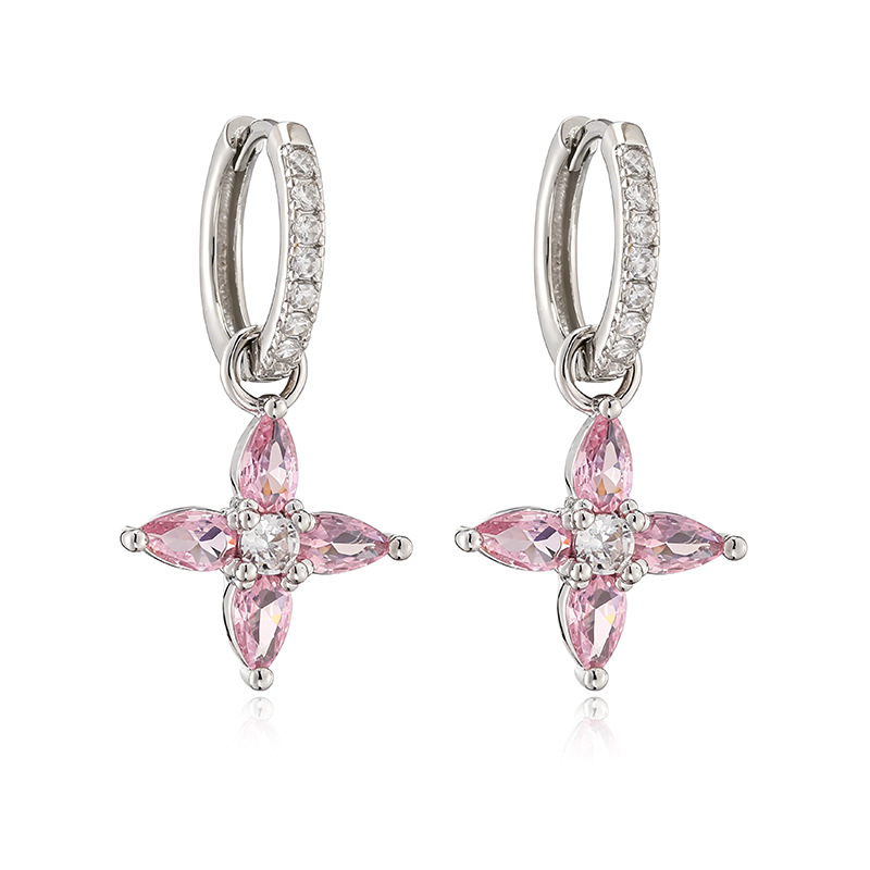Copper Inlaid Colorful Zircon Marquise Petal Flower Huggie Hoop Earrings Dainty Floral Dangle Charms for Women — Silver-tone with Pink Flower