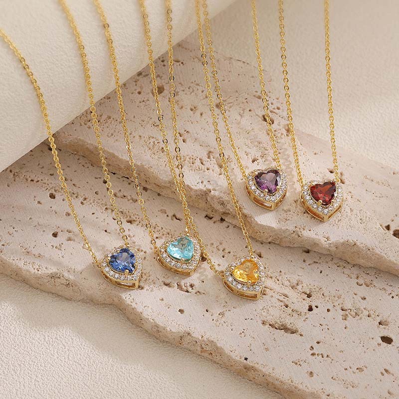 Elegant Light-Luxury Copper Inlaid Color Diamond Twelve Birthstone Heart Necklace Super Sparkling Heart Pendant Collarbone Chain 2