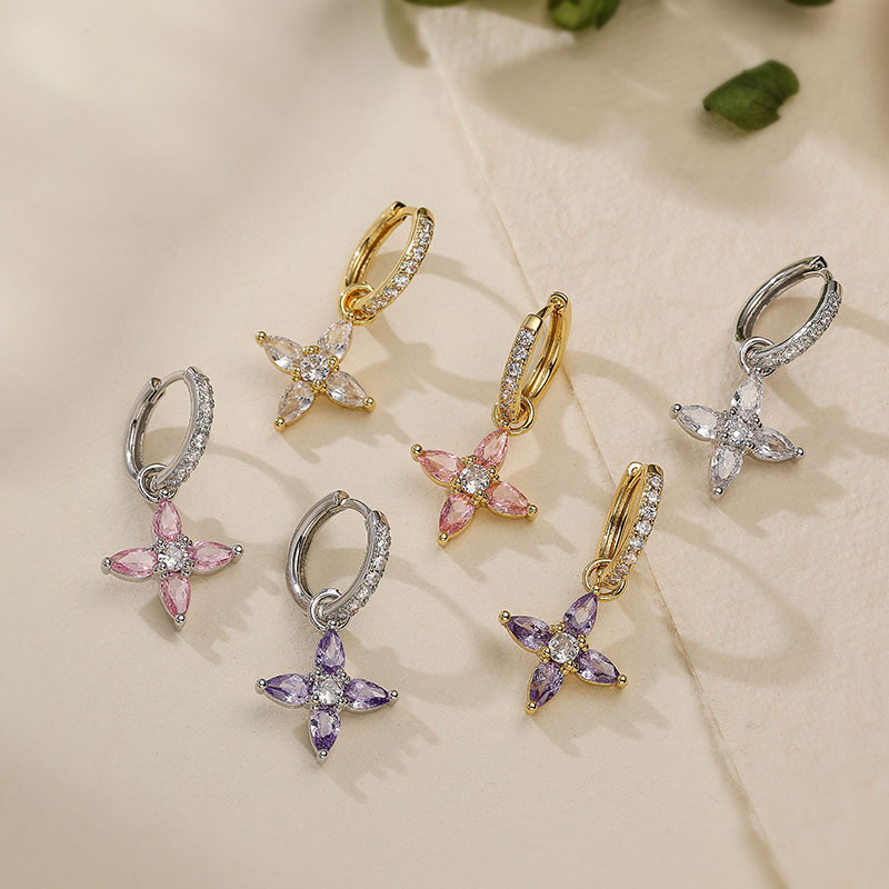 Copper Inlaid Colorful Zircon Marquise Petal Flower Huggie Hoop Earrings Dainty Floral Dangle Charms for Women — All 6 Colors Alternate Display