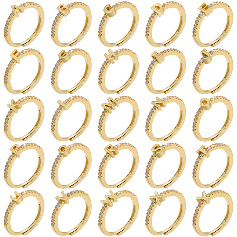 925 Silver 18K Gold-Plated Zircon Initial Ring (A-Z Adjustable) — view 2