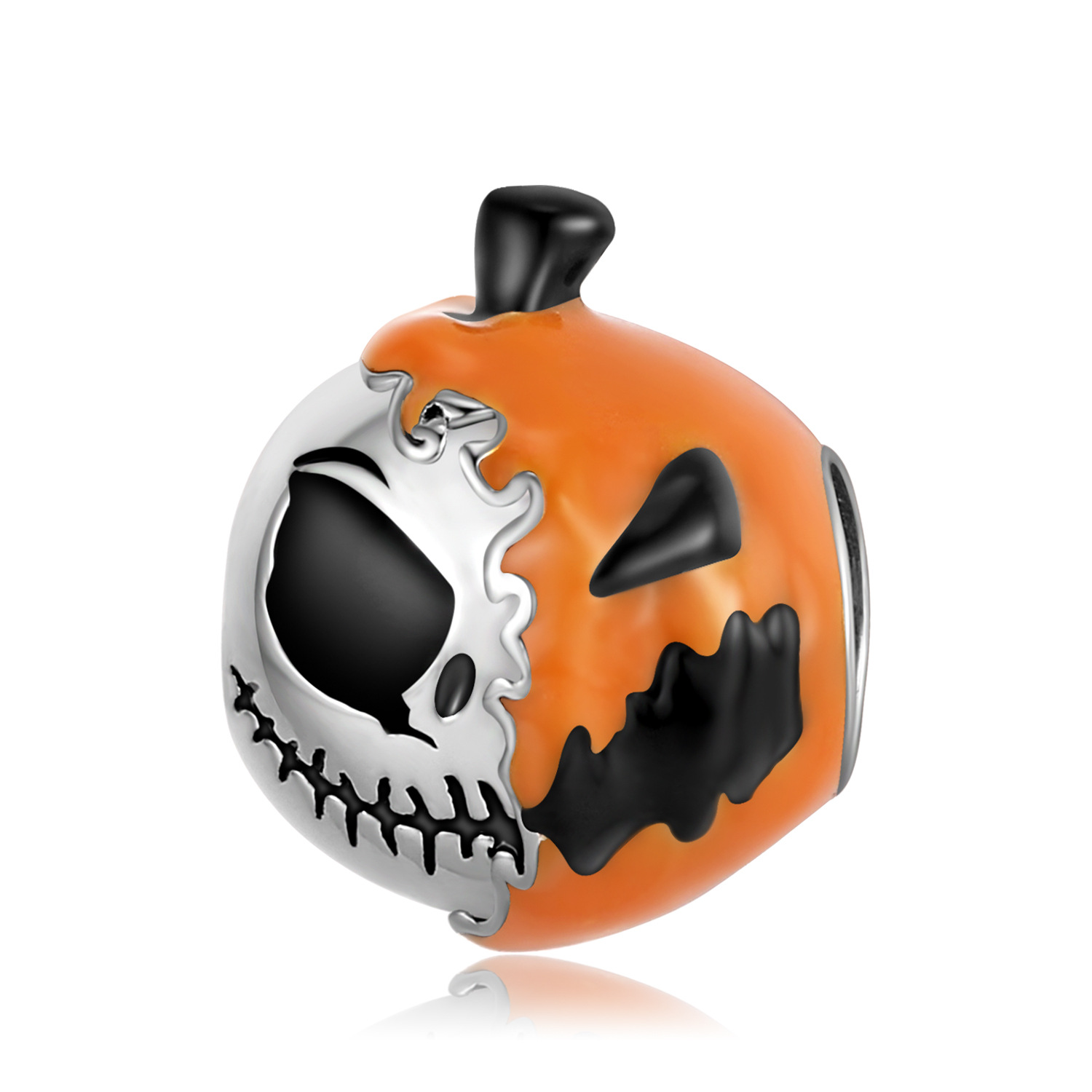 Halloween Pumpkin Skull Charm Bead S925 Sterling Silver Dual-Sided Skull Jack-o-Lantern for Bracelet