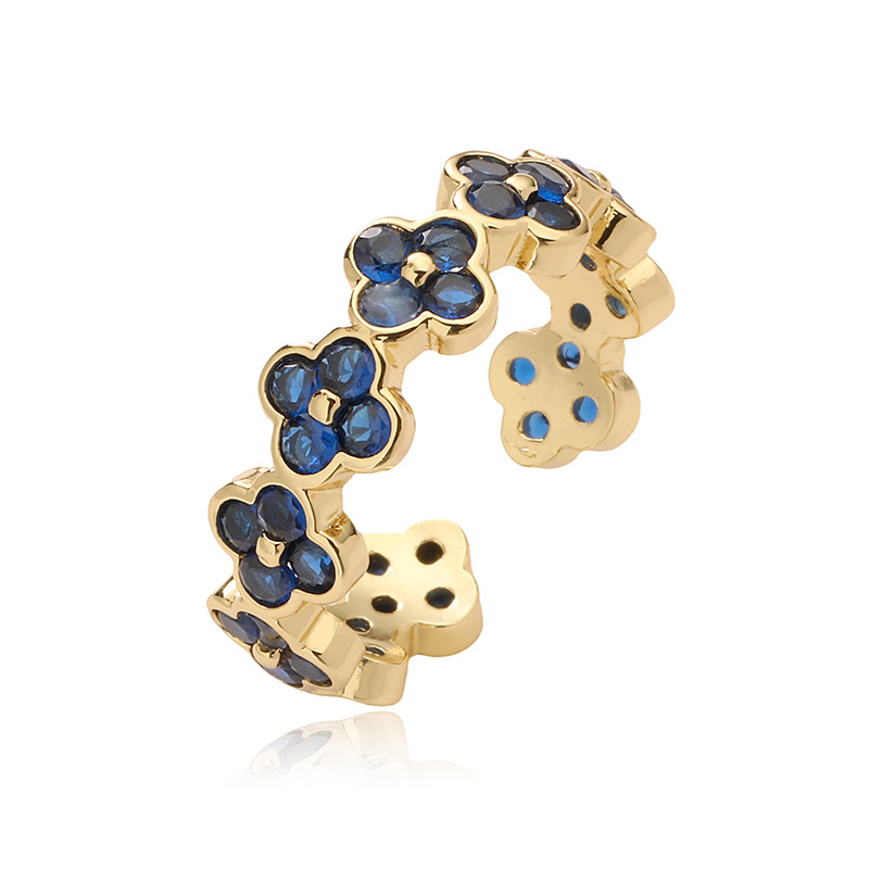 Copper Inlaid Color Diamond Flower Open Adjustable Ring Elegant Flower Petal Band — Blue