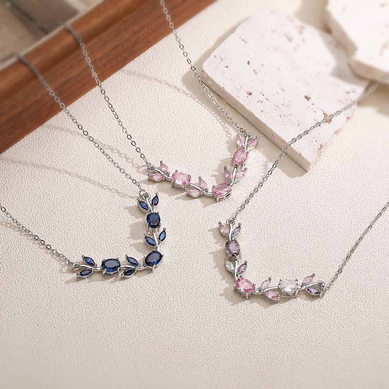 Exquisite Light-Luxury Copper Inlaid Colorful Zirconia Tulip Necklace (Silver-tone) - Sweet Versatile Branch-Leaf Flower Petal Collar Chain