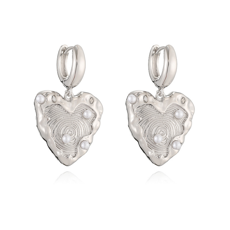 French Retro Copper Silver-Tone Pearl Heart Hoop Earrings