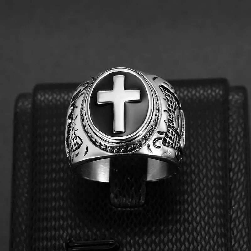 Vintage Steel Cross Black Enamel Signet Ring 3