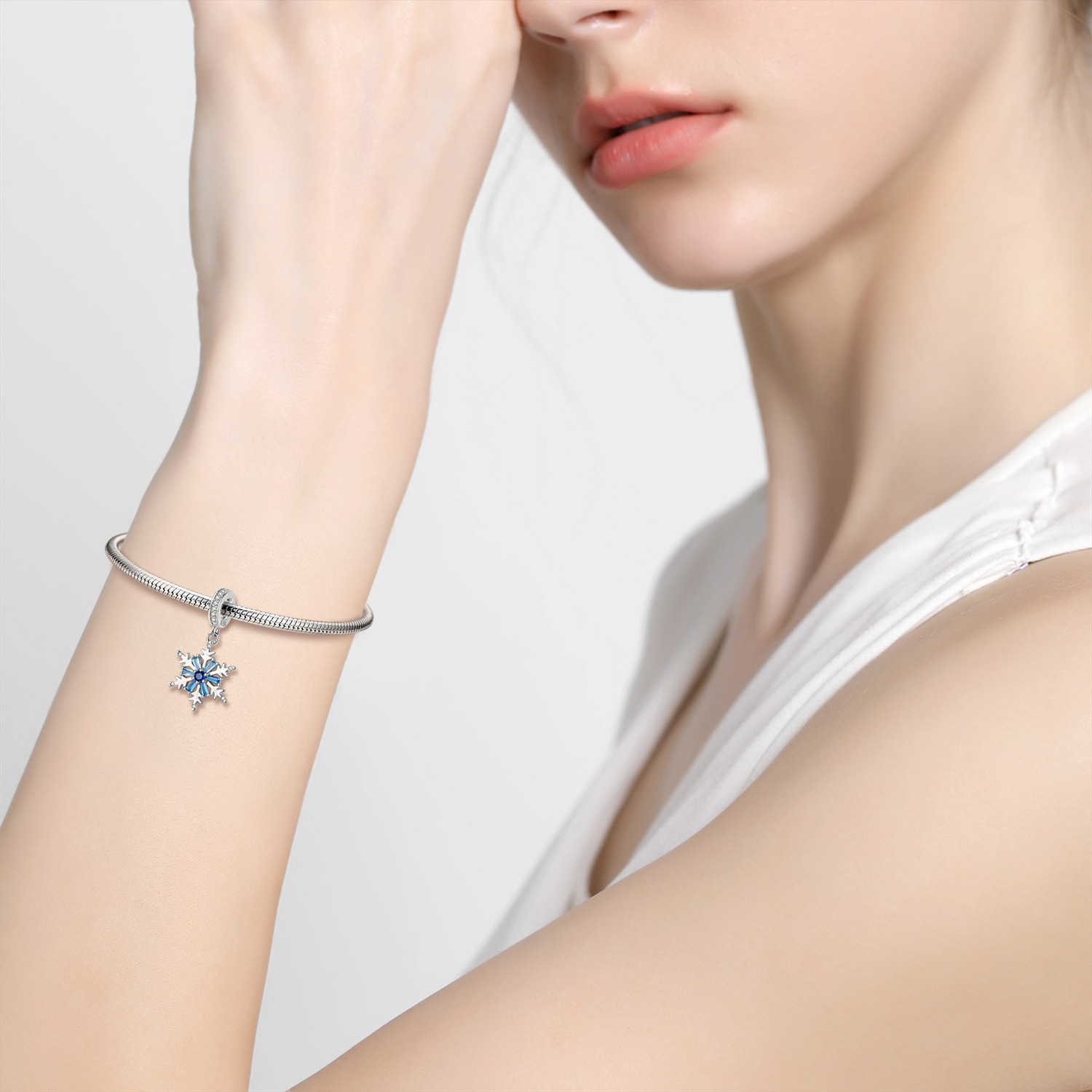 Blue Sparkling Snowflake Charm Christmas S925 Sterling Silver Dangle for DIY Bracelet and Necklace — view 4