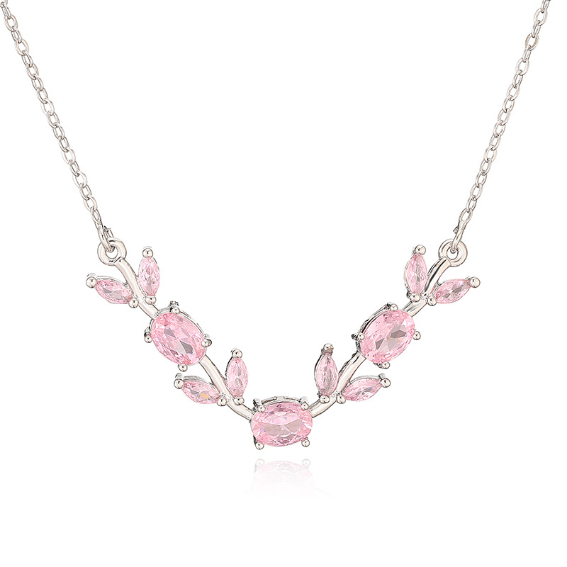 Exquisite Light-Luxury Copper Inlaid Colorful Zirconia Tulip Necklace (Silver-tone) - Sweet Versatile Branch-Leaf Flower Petal Collar Chain 2